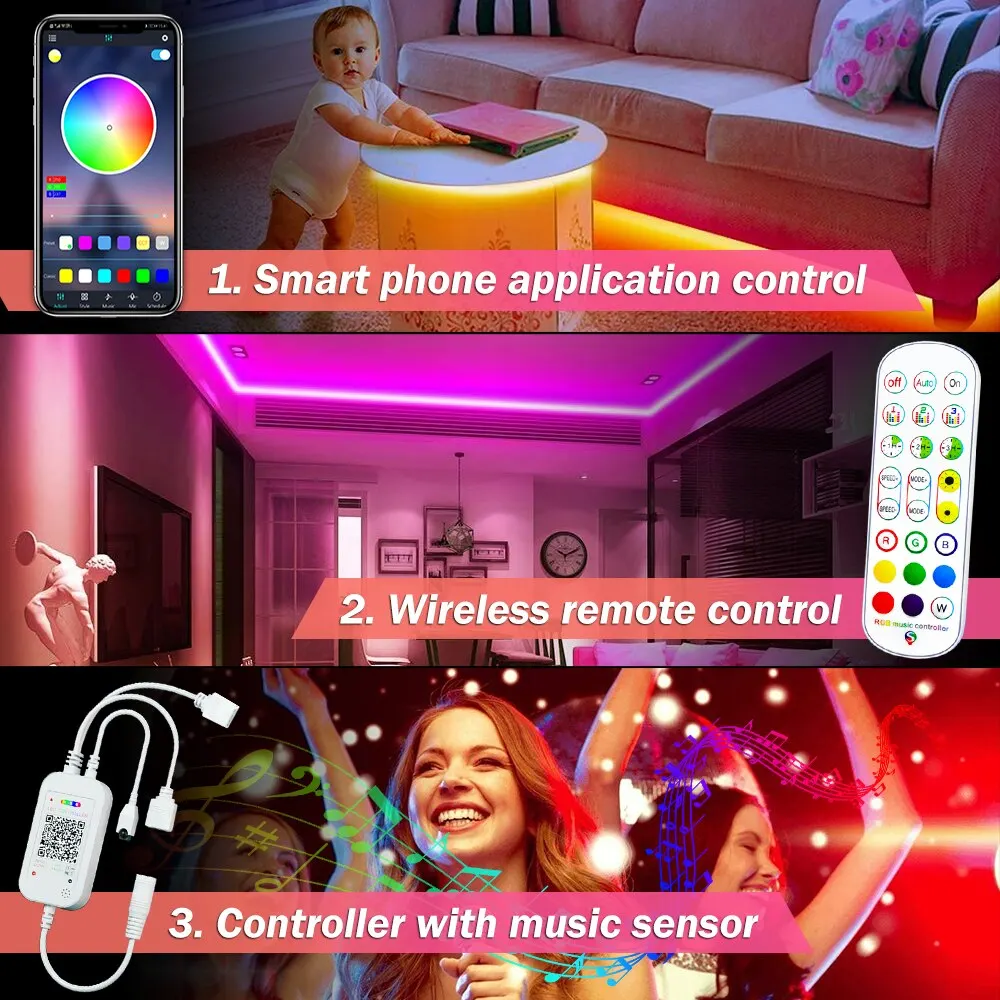 Lampu LED dengan sinkronisasi musik 20 Meter, kontrol aplikasi dengan Remote Control, lampu LED RGB dengan lampu LED kamar tidur