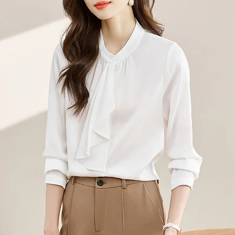 Fashion Stand Collar Women Shirt White Long Sleeve Ruffles Chiffon Shirt Blouse Women Tops Camisas Blusas Camisas De Mujer M320