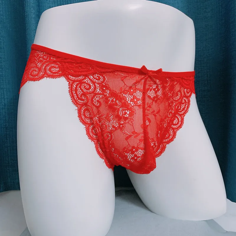Lucky New Year Red Lace Briefs Men's Large Pouch Bag Underwear See-Through Soft Man Panties Low Rise Youth Triangle Underpants