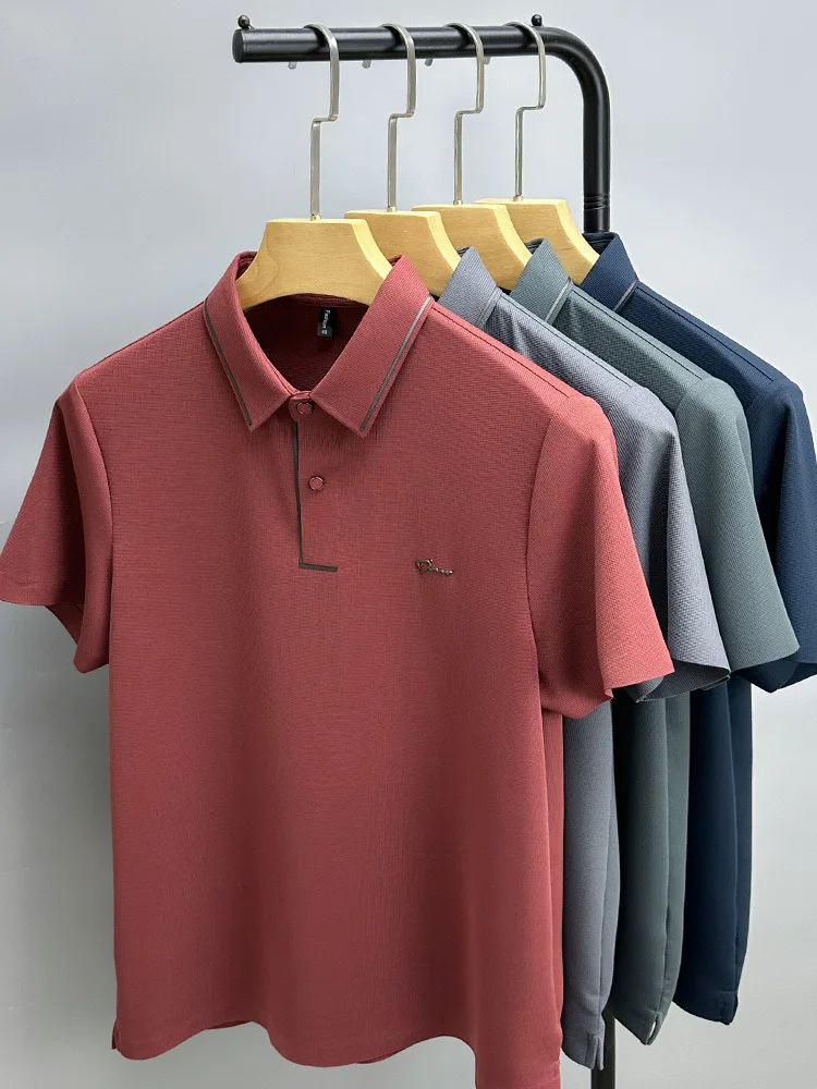 Light luxury brand ice silk short sleeve T-shirt men\'s lapel casual top summer fashion embroidery cool and breathable POLO shirt