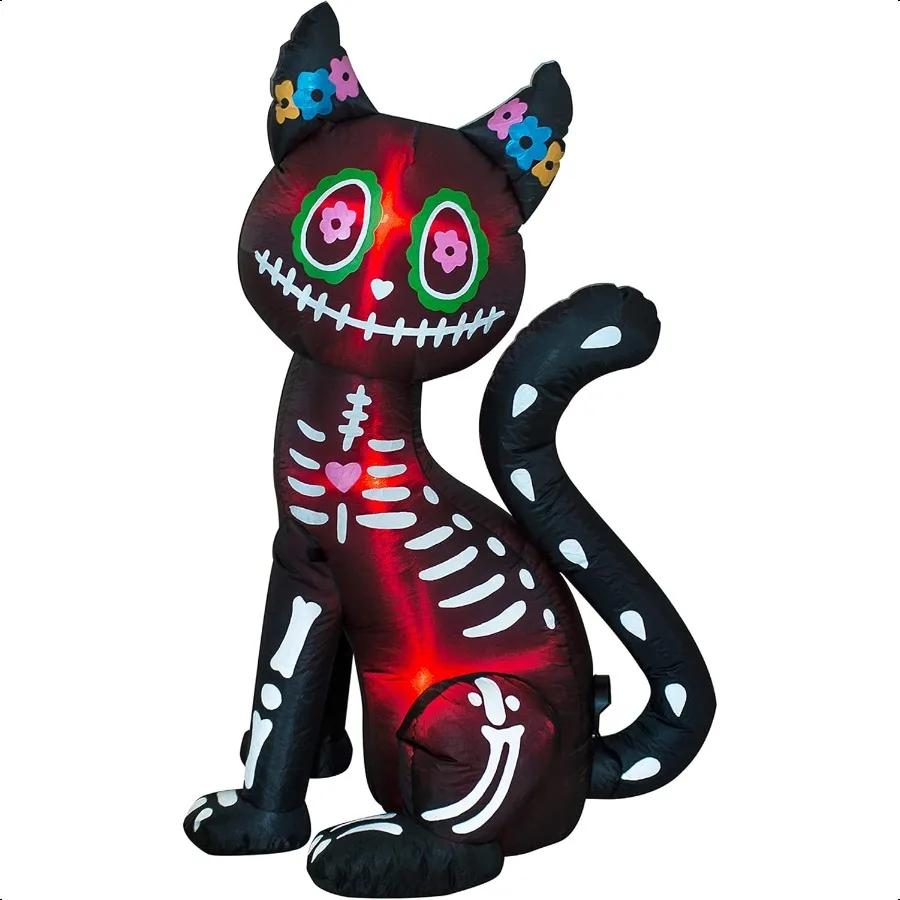 

4FT Halloween Iatable Black Cat DecorationDay of The Dead Outdoor Blows Up Spooky Cat with LED Lights Skeleton Cat Holiday Disp