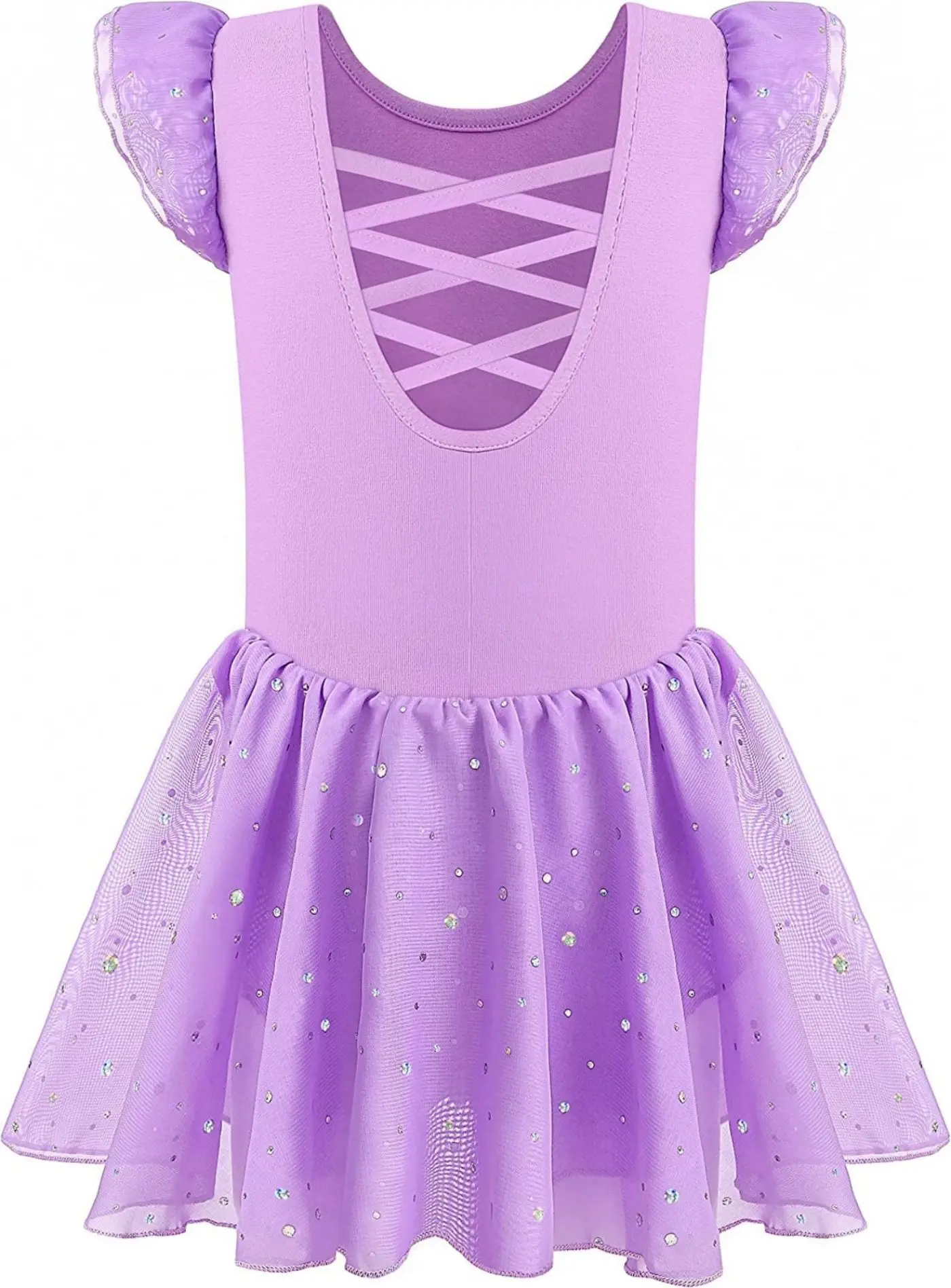 Leotardos de baile para niñas, vestido de ballet, falda brillante, manga con volantes, espalda cruzada