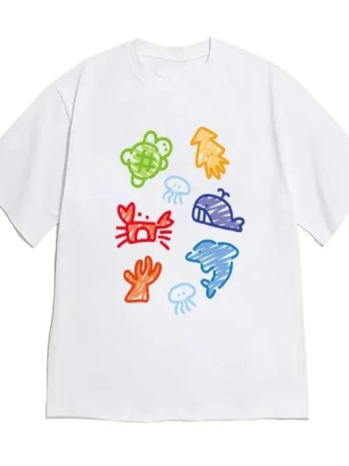 Women's Marine-Themed Short Sleeve Round Neck with Underwater World Print (Fish) Suitable for Summer Casual Beachwear Lady Tee
