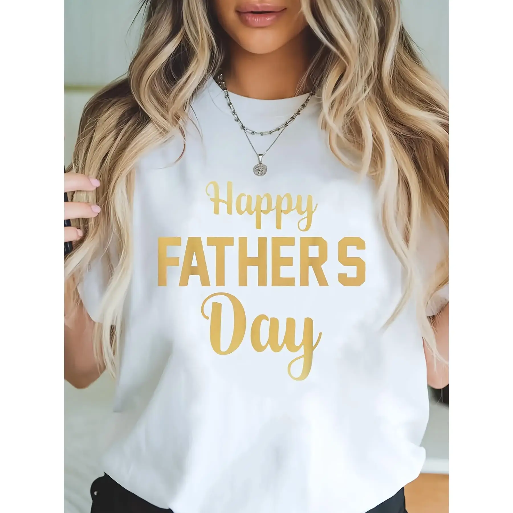 

Women'S Happy Father'S Day Graphic T-Shirt - Casual Short-Sleeve Round Neck Top with Bold Golden Print, Machine Washable Spring