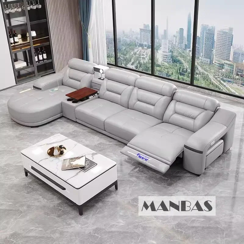 Linlamlim Genuine Leather Living Room Sofas Power Reclining Couch Electric Recliners With Projector, USB, Speaker & Cup Holder