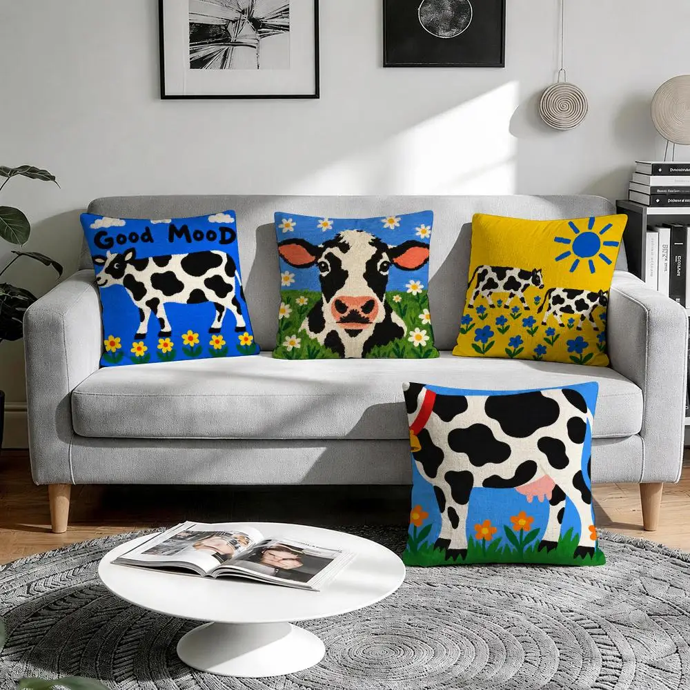 Spotted Cow Cushion Cover 1/4Pcs Linen Throw Pillow Covers Double-Side Print Sofa Couch Living Room Decor