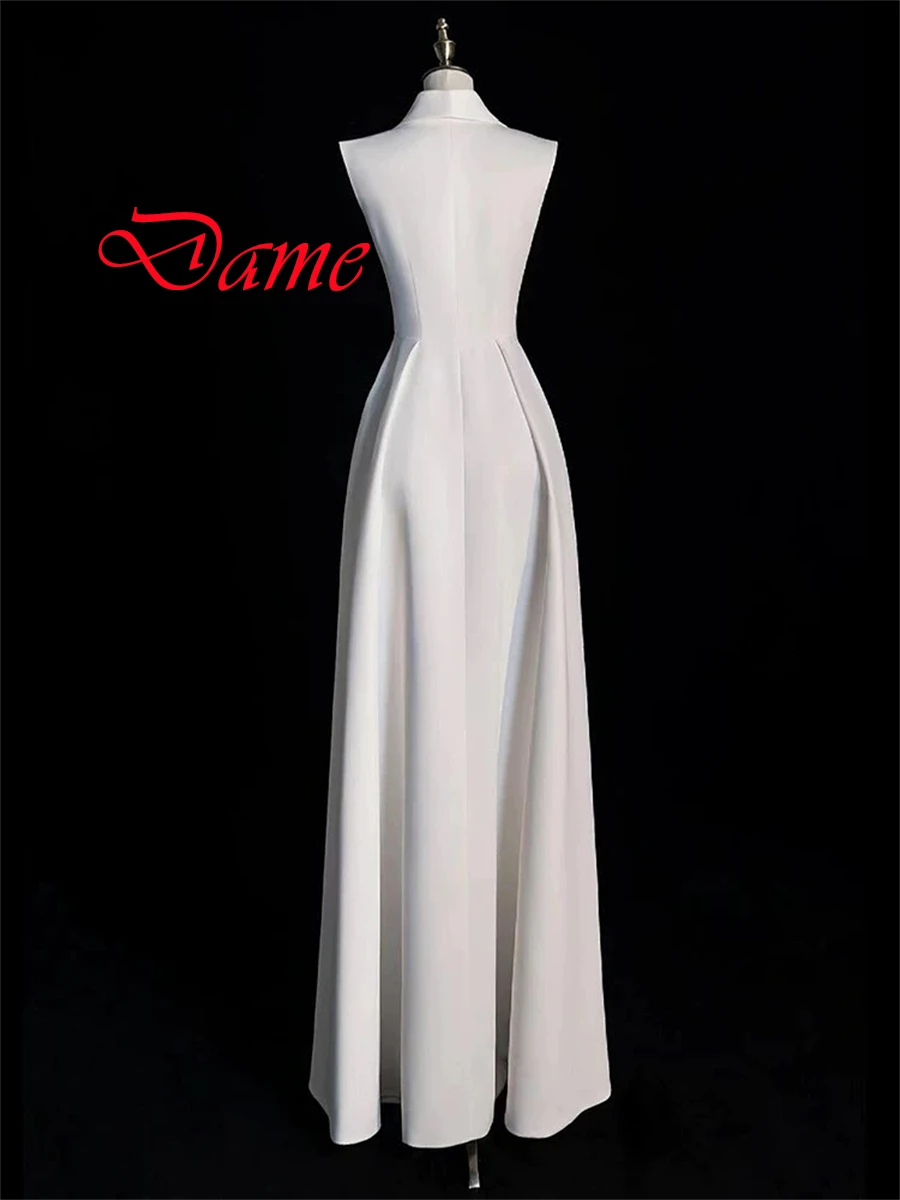 Customized Temperament White Satin Evening Dress High Quality V-Neck Sleeveless Sweep Train Ruched Special Occasion Gowns