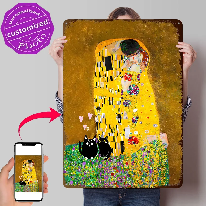 The Kiss Cat 3D Texture Printed Poster Custom Vintage Metal Tin Plate Sign for Wall Art Article Decoration Room Office Decor