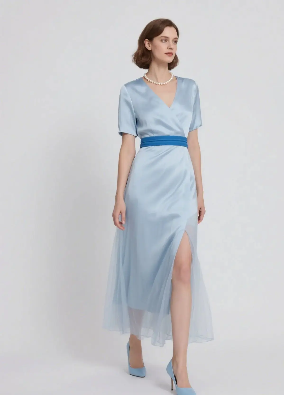 

Elegant Sheath Formal Evening Dress V Neck Short Sleeves Ankle Length Slit Silk Satin Wedding Guest Dress 2025 free customized