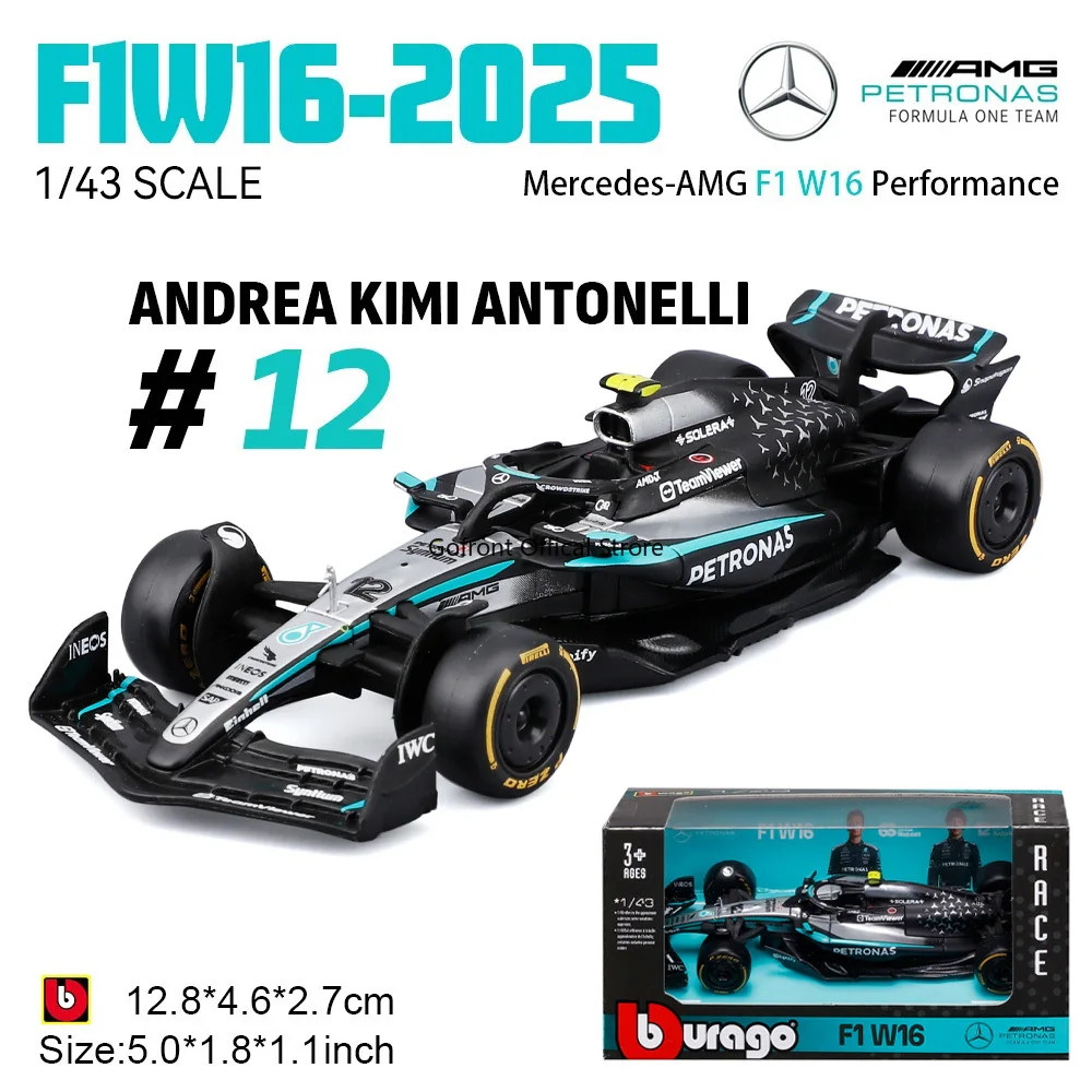 

Bburago 1:43 New F1 Mercedes-AMG 2025 W16 #63 George Russell #12 Kimi Antonelli Alloy Car Die Cast Model Toy Collectible