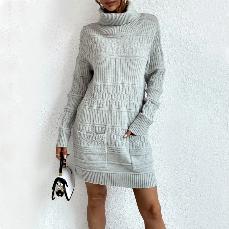 2026 Neues Damen-Herbst-/Winter-Pulloverkleid mit Stehkragen, einfarbig, mit Hakenblumen, modisch, warm und bequem, vielseitig einsetzbar