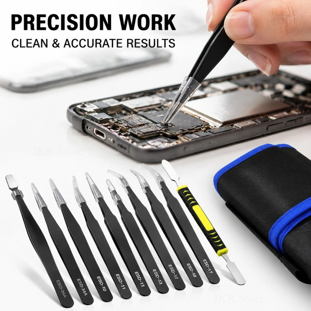 Precision Anti Static Stainless Steel Tweezers for Electronic Repair Lab Work Component Placement and Soldering Precision Tasks
