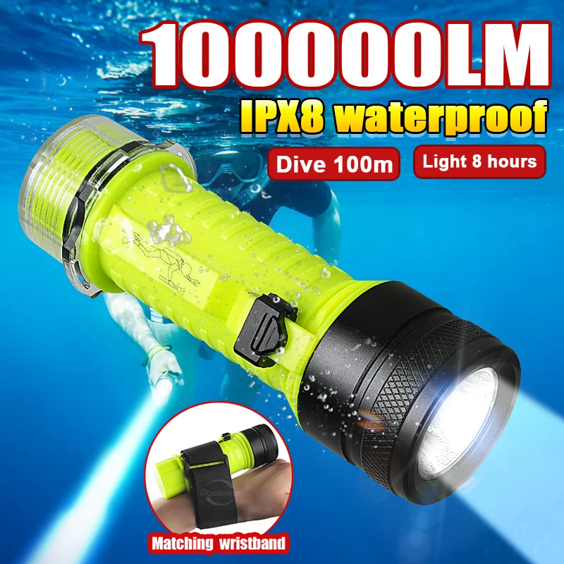 Lanterna de mergulho profissional super brilhante 100000LM XHP50 levou a tocha de mergulho poderosa submarina IPX8 Lanterna de mergulho impermeável Bateria incorporada
