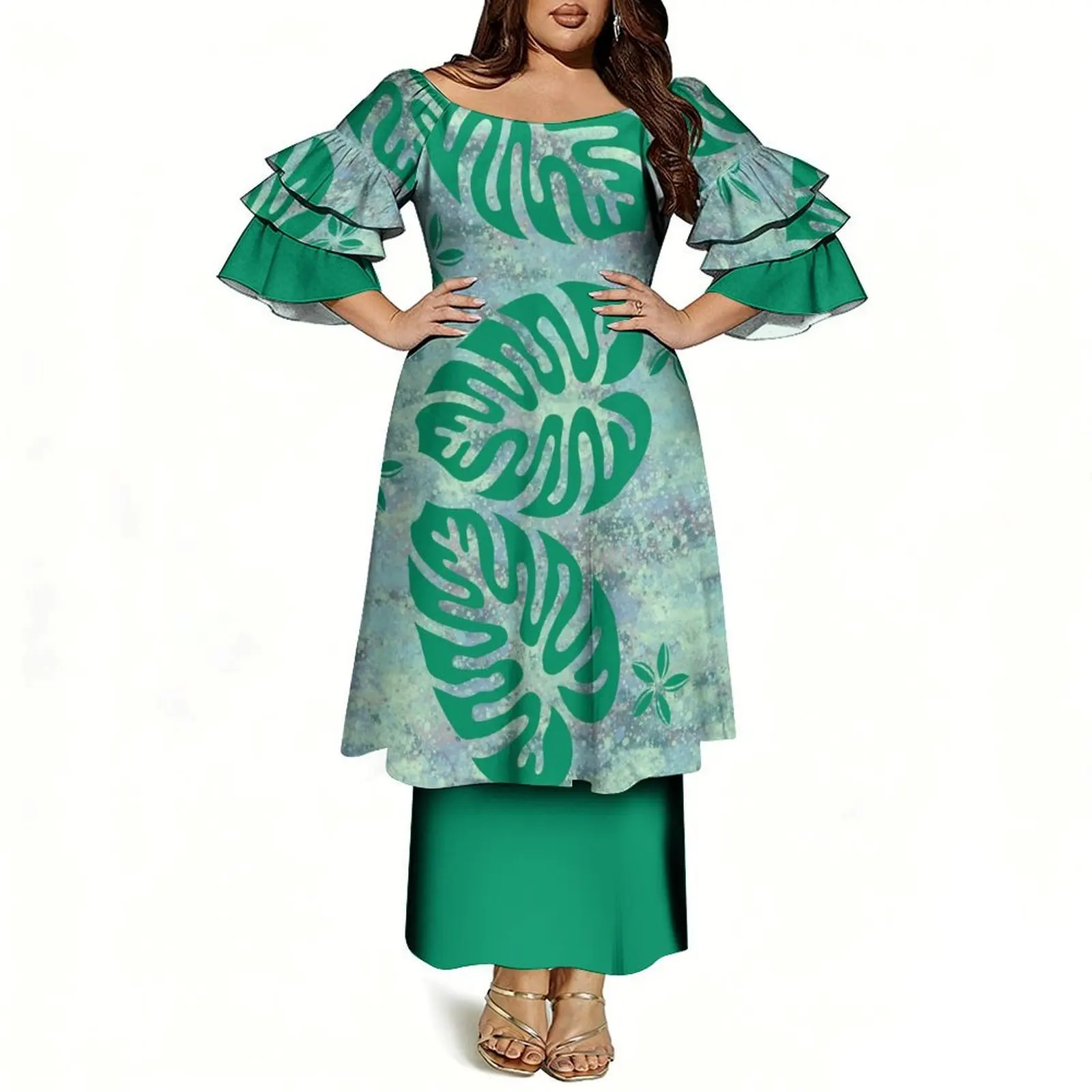 New Polynesian Women'S Custom Printed Tailored Suit Skirt In Puletasi Style - Three-Layer Sleeves With A Round Neckline Suit