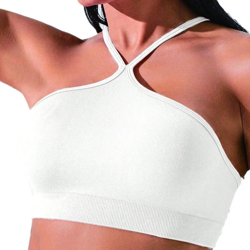 Sexy Hanging Neck Strap Style  Women Fitness Yoga Vest High Elastic Slim Seamless Solid Fashion Backless Bra Gym Trainning Vest