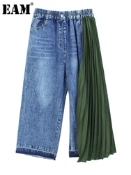 [EAM] High Elastic Waist Denim Pleated Long Wide Leg Pants New Loose Fit Trousers Women Fashion Tide Spring Autumn 2024 1DF7228