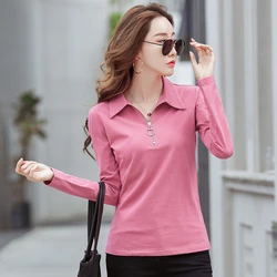 Korean Style cotton polo shirts women fashion long sleeve candy color zipper turn down neck polo t shirt for women 2023