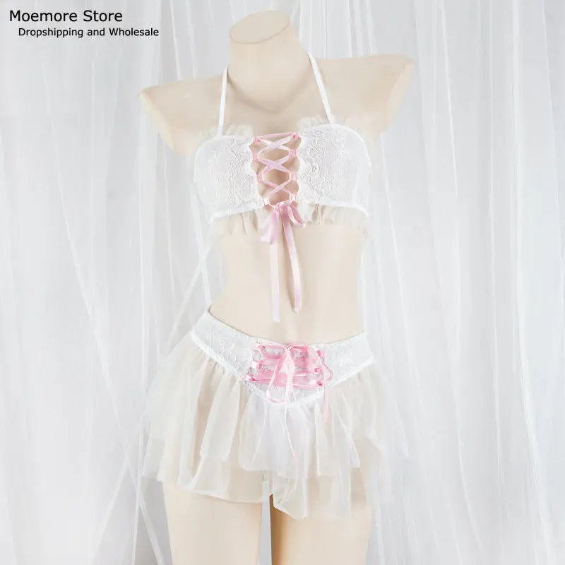 Kawaii Sexy Lingerie Set Ribbon Lace up Hollow Out Bandage Chiffon Semi Transparent Night Wear Clothes Cosplay Costumes Uniform