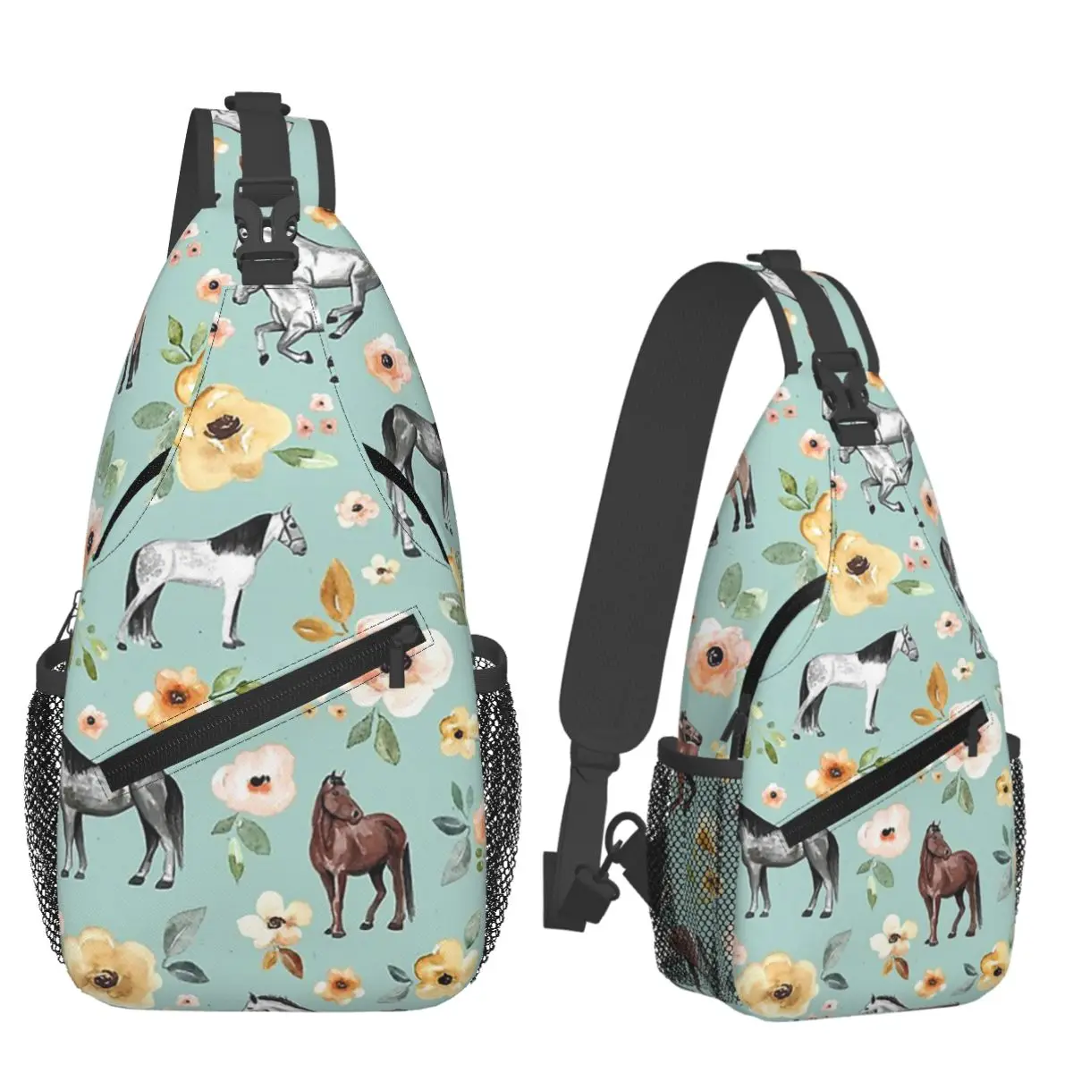 

Horses With Flowers, Sunrise Floral, Blue, Horse Decor Chest Bag Men Sling Crossbody Backpack Chest Bag Daypack Shoulder Bag