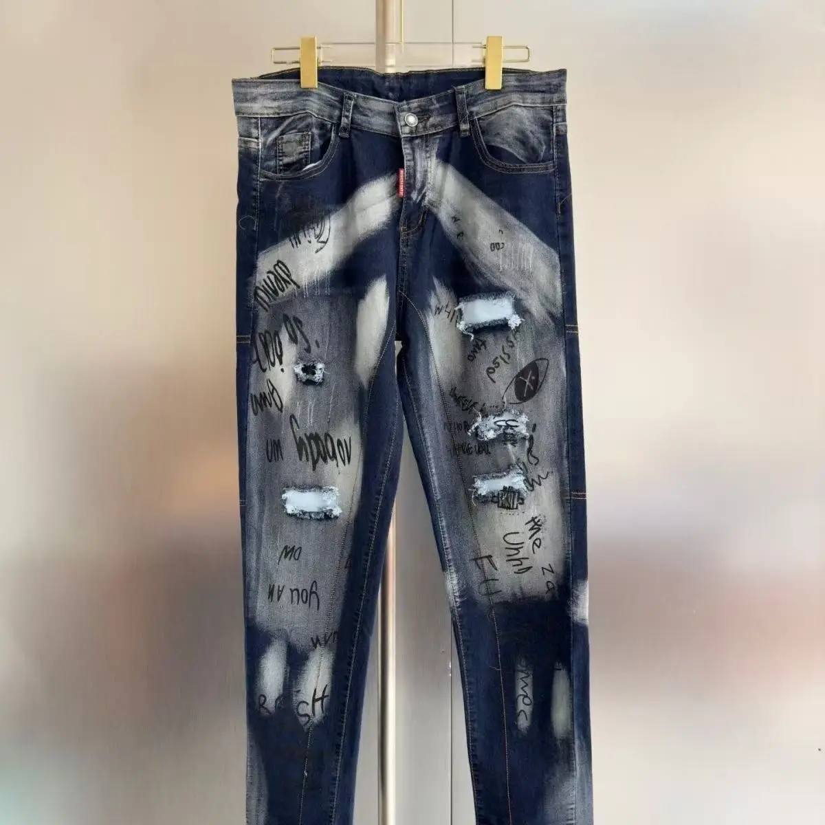 

High Street Villain Patch Slim Fit New Ink Splashing Letters Spring Summer Graffiti Hole Elastic Feet Streetwear Clothing Pants