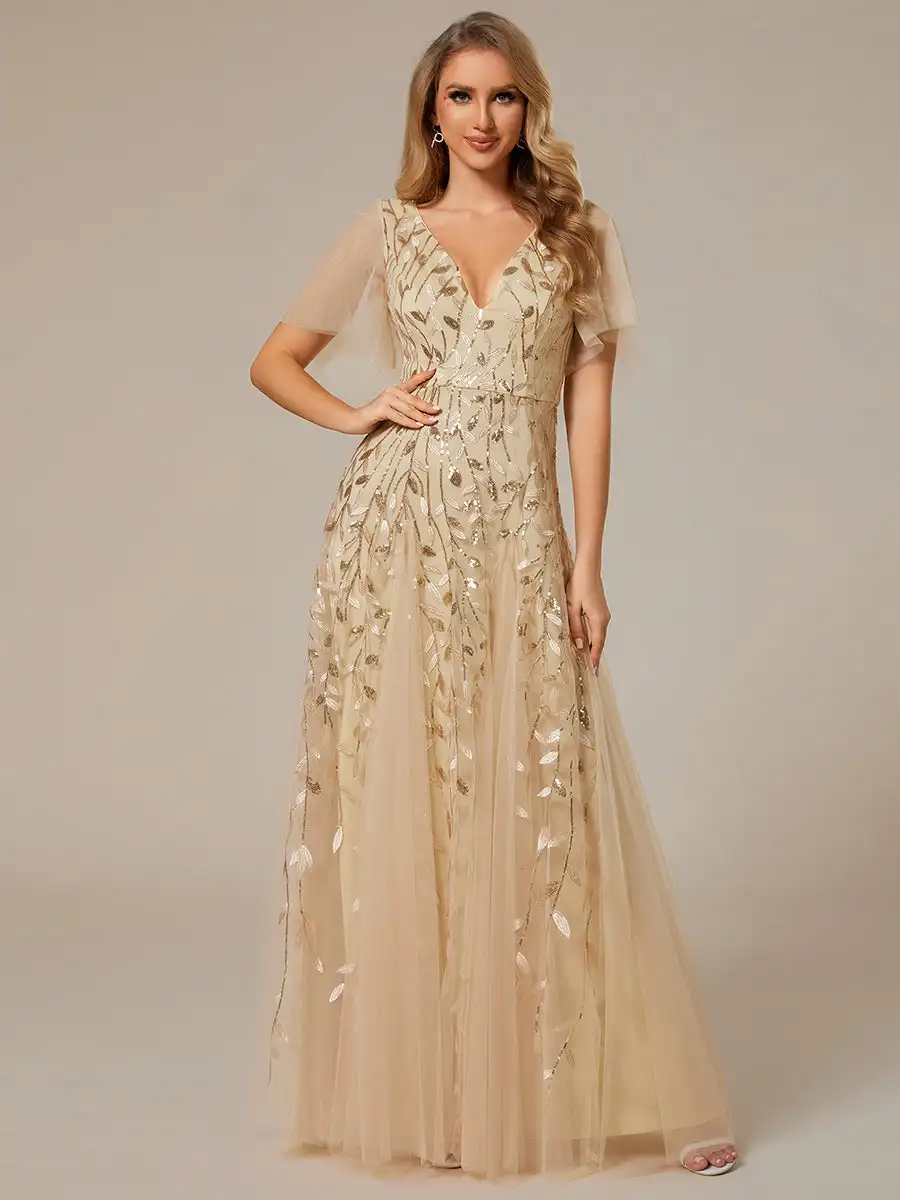 

Elegant Evening Dresses Deep V Neck Short Sleeves Floor length 2025 Ever Pretty of Sequin Gold Bridesmaid dress