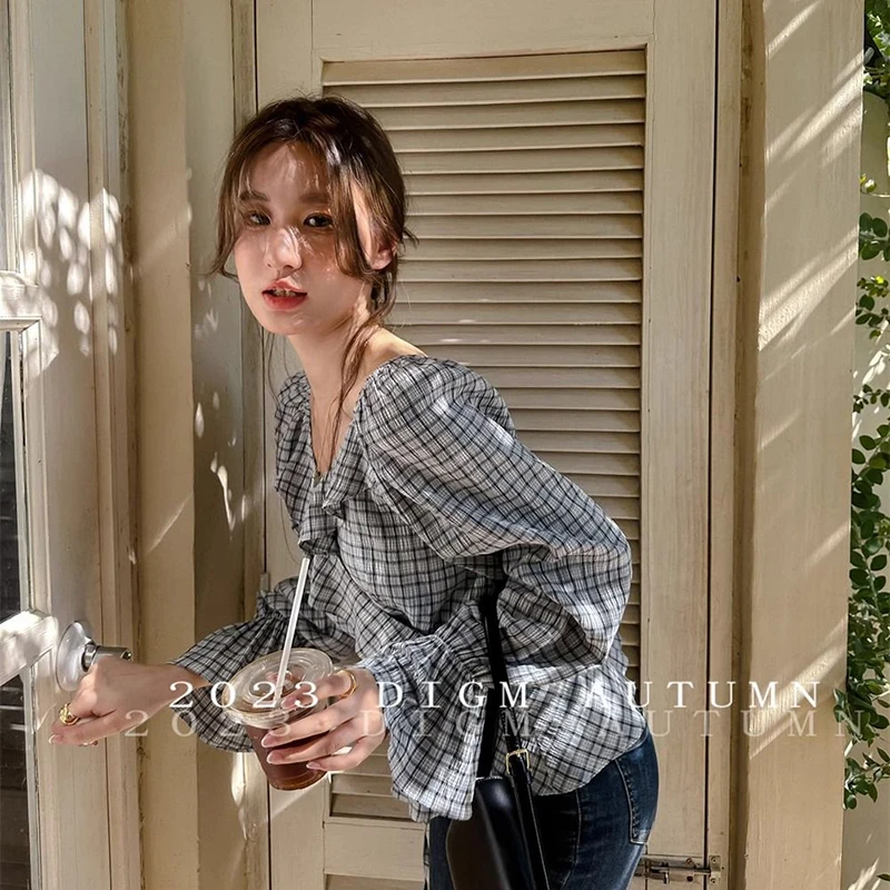 Chic Plaid Shirt Women Korean Fashion Ruffles Flare Sleeve Tops Summer New Lace up Casual Office Ladies Long Sleeve Blouse New