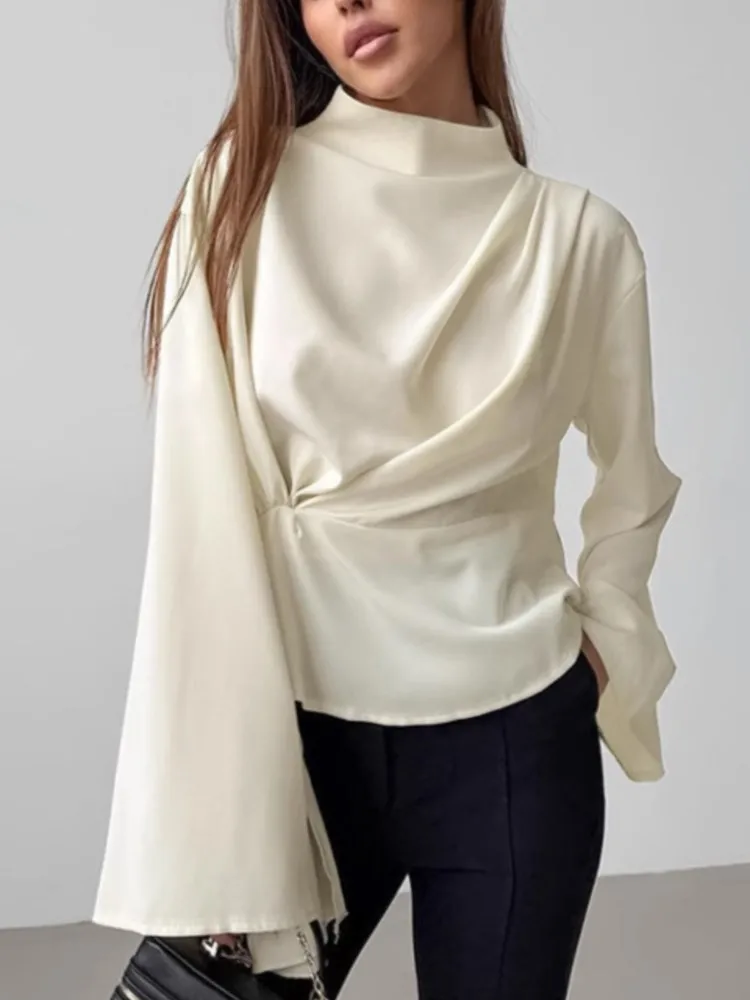 

Fashion Solid Pleated Shirt Women Stand Up Collar Chiffon Flared Sleeve Back Zipper Blouse 2025 New Summer Chic Casual Shirts