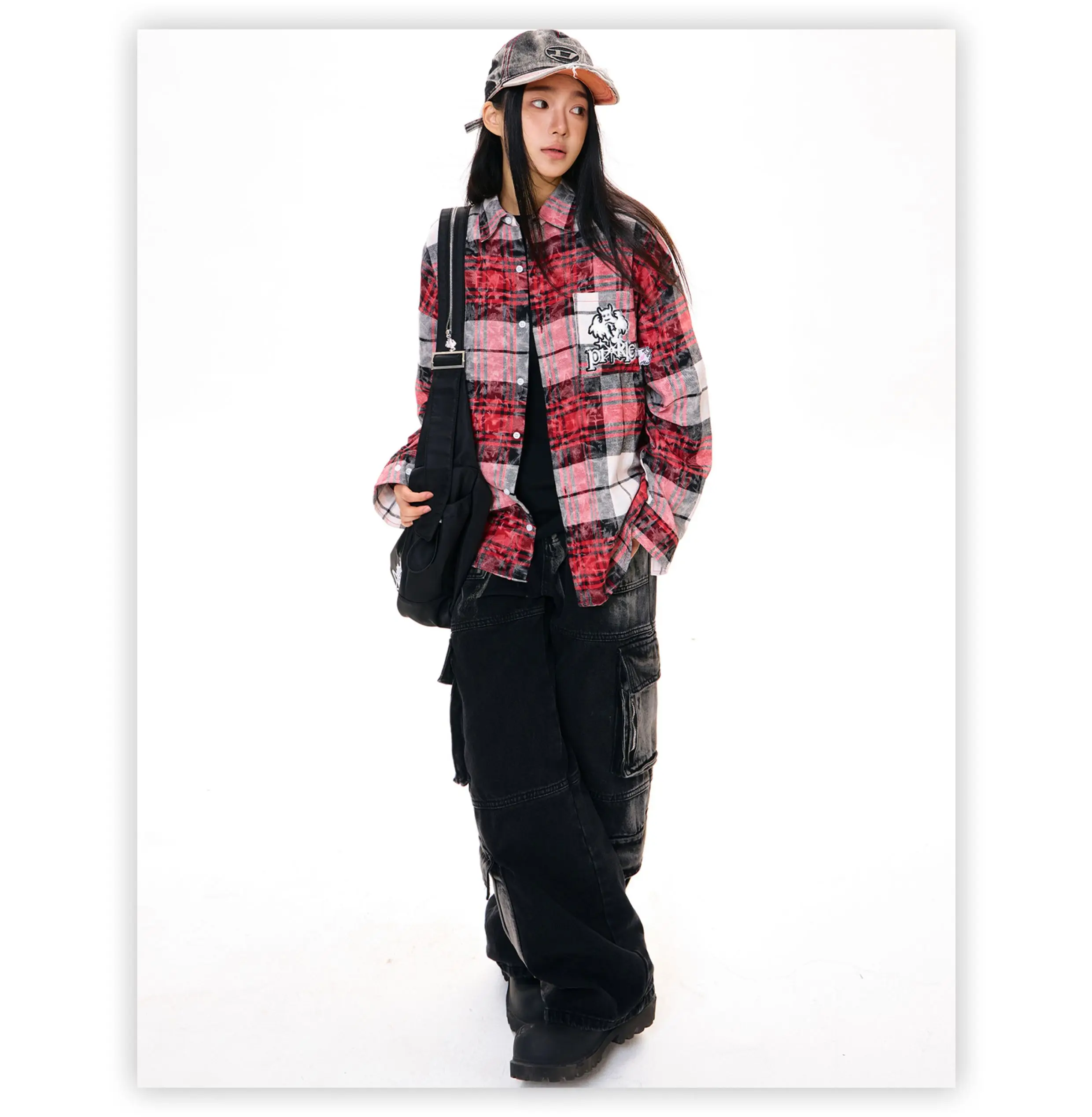 2025 Spring and Autumn New American Retro Women's Purple Gray Red Plaid Casual Versatile Loose Long Sleeve Shirt