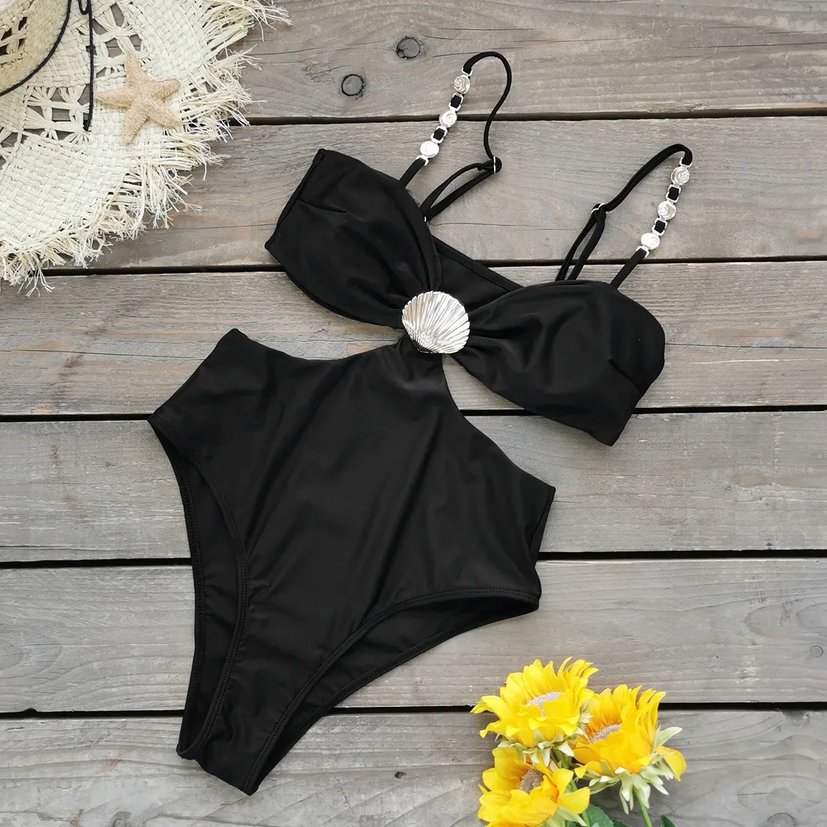 Vintage Metal Shell Buckle One Piece Swimsuit Skirt Set Women Black Beads Strap Hollow Out Bathing Suit Holiday Swimwear 2025