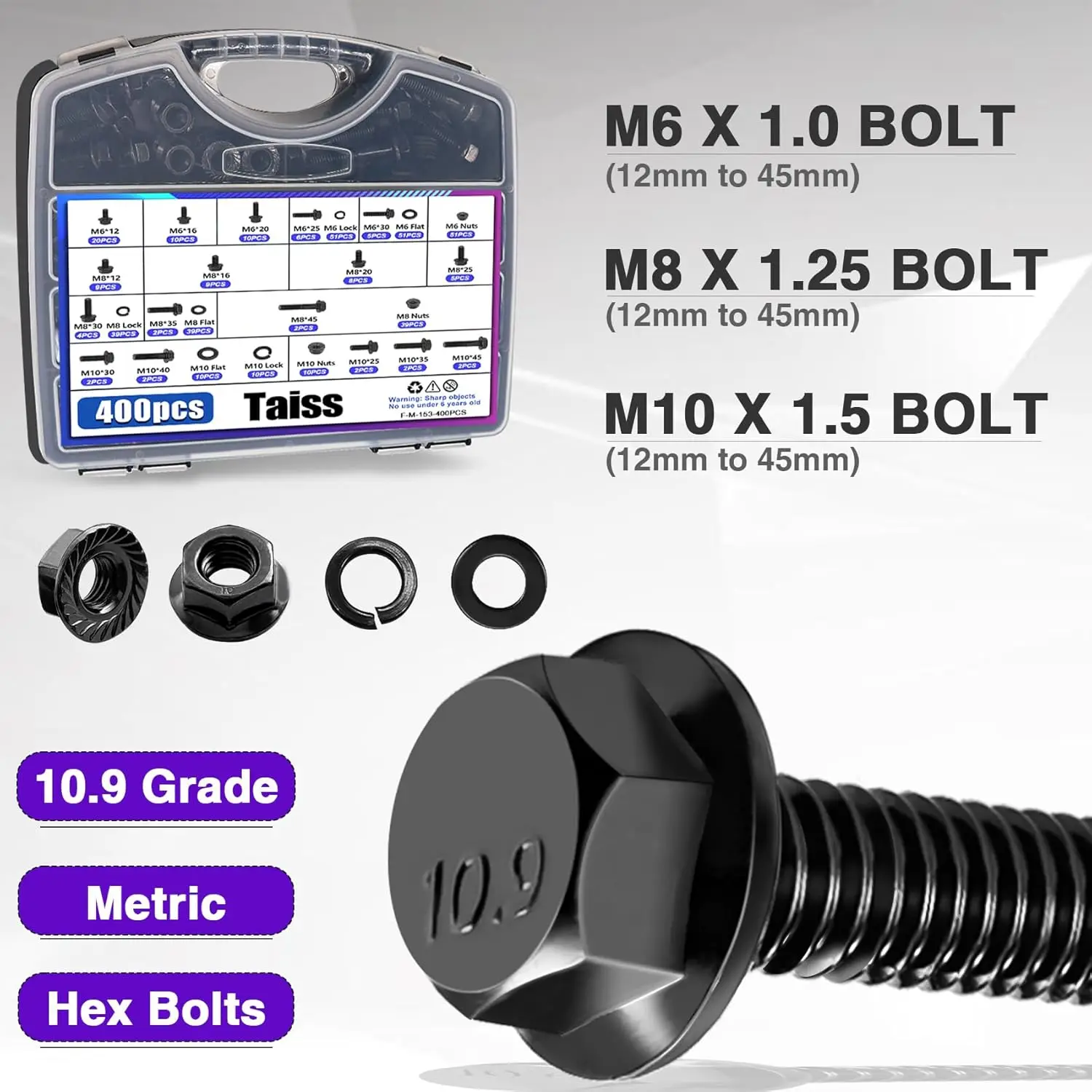 مجموعة متنوعة من مسامير شفة متري 400 قطعة، مسمار M6x1.0 درجة 10.9، مسمار M8x1.25، مسمار M10x1.5 (12 مم إلى 45 مم) لوح زنك أسود #3