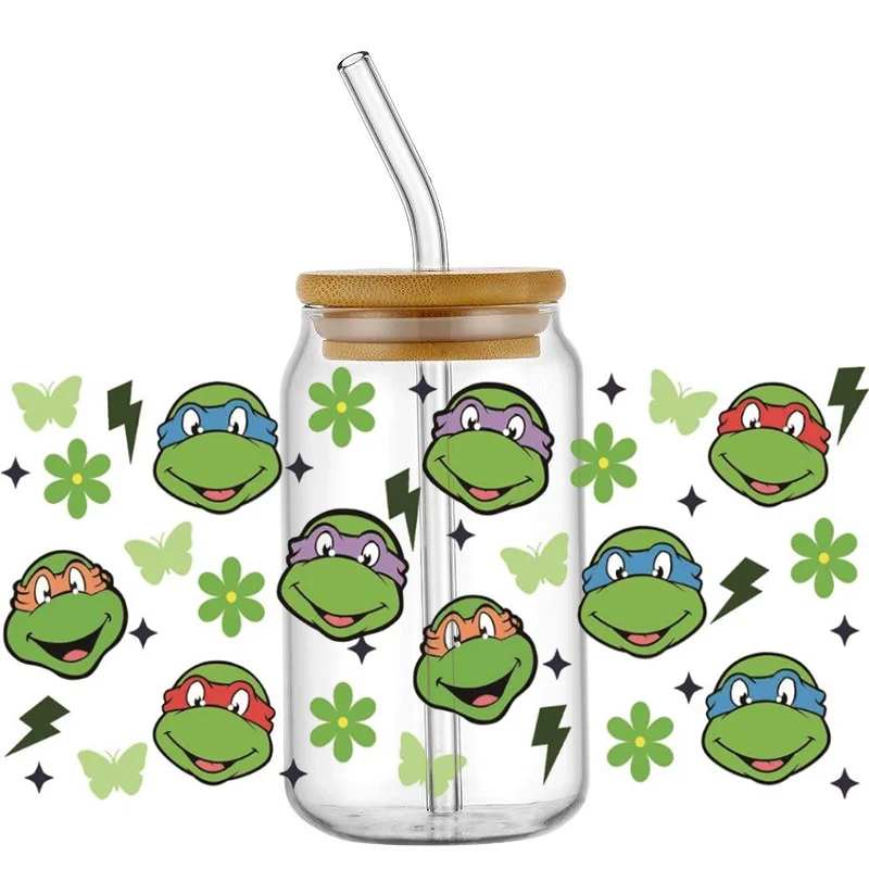 Miniso New Design Cartoon Tortoise Superhero Series Waterproof UV DTF Cup Mug Wraps Sticker UVDTF 3D Decal For 16oz Libbey Glass