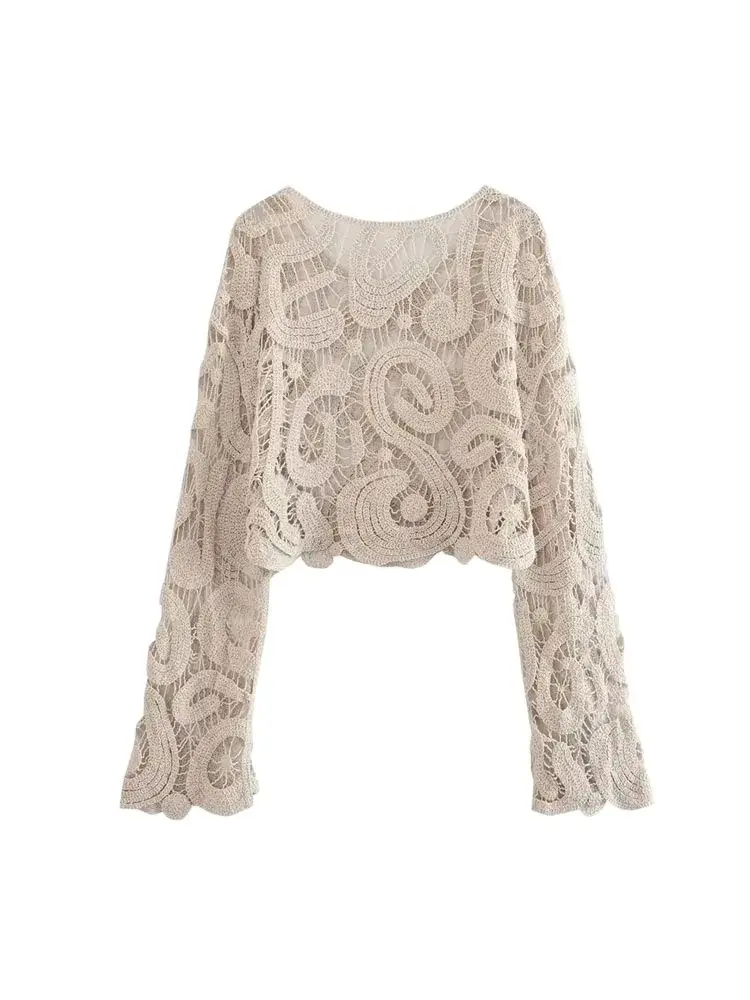 Maglione lavorato a maglia all'uncinetto semitrasparente corto moda donna Top chic da donna a maniche lunghe con scollo a O sexy
