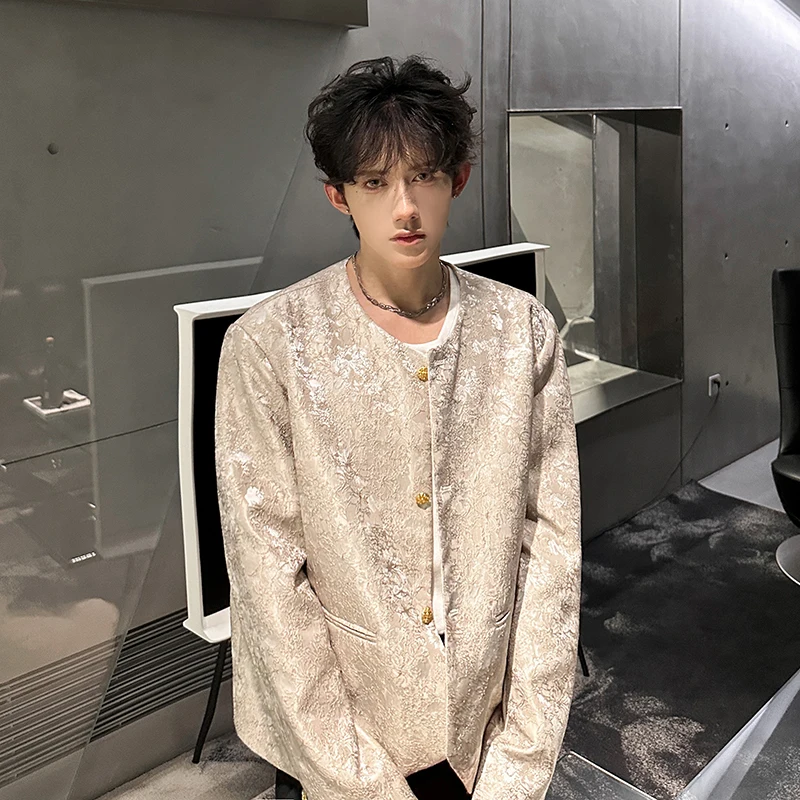 

New Chinese Sle ort No-Collar Men's Jaet Faionable Luxury Small Fraance Sle Coat Embroidered Pattern Classy Feeling