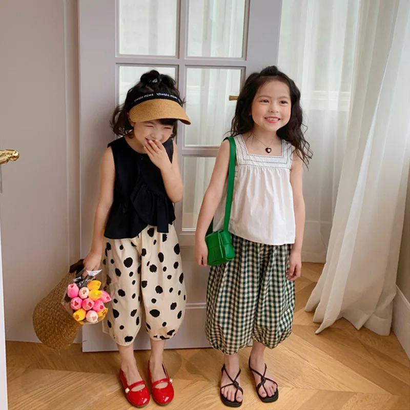 Summer Baby and Girls Cotton Sweet Dots Plaid Sleeveless Shirt Tops+Loose Crop Pant Set Kids Tracksuit Child 2PCS Outfit 2-8 Yrs