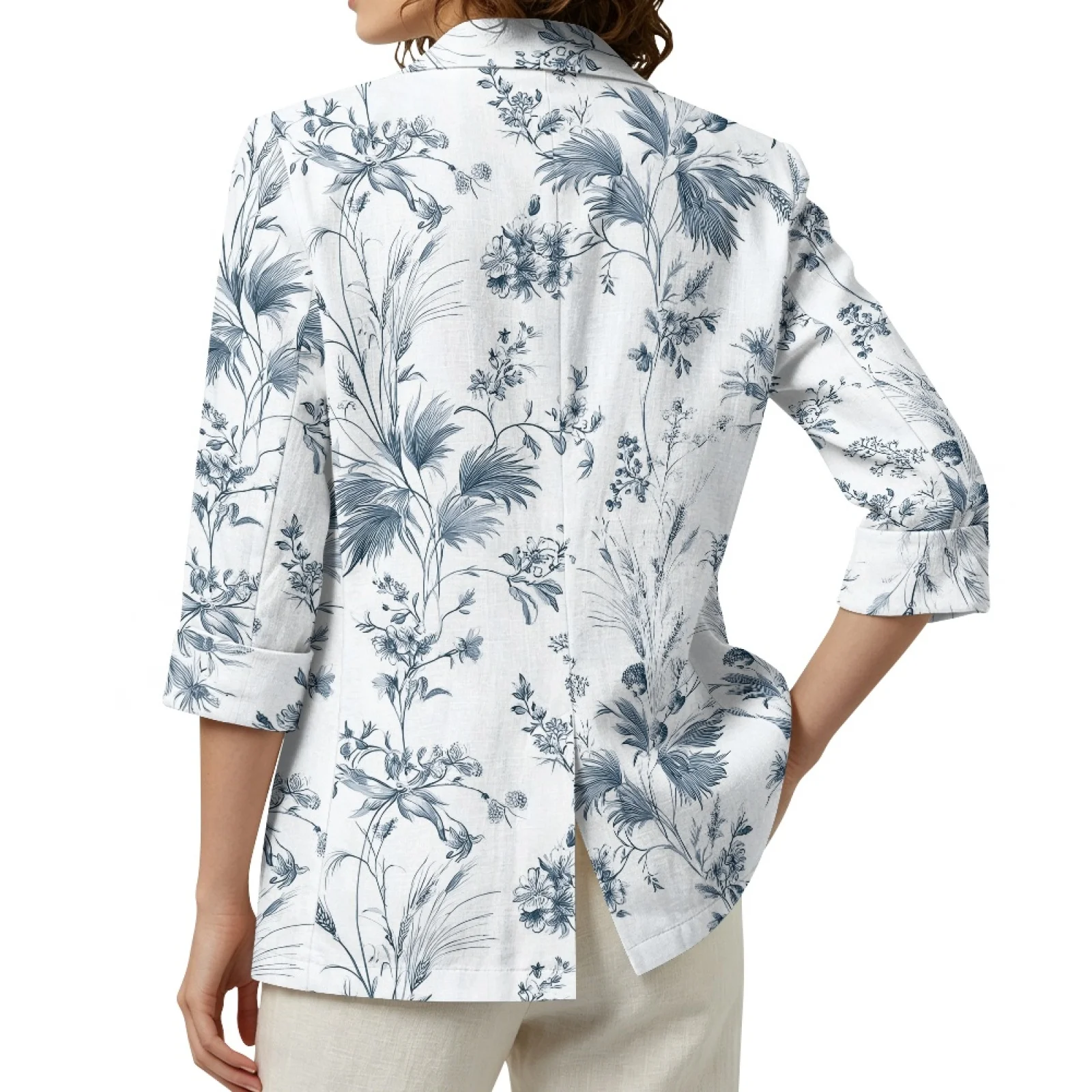 PENSTROLL Blue Floral Print Linen Style Fall Jackets S-3XL Open Front Beach Cover up with Pockets for Womens Daily Wear