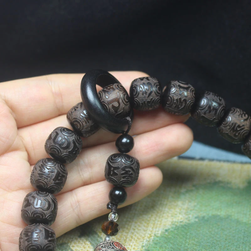 Ebony vintage-style beads engraved with six-character mantra, suitable hanging in the car or as a handheld item for men