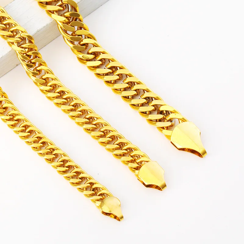 Not Fade Pure Gold Color 6mm/8mm/10mm Wide Men\'s Necklace 60cm Long 24k GP Heavy Hip Hop /Rock Fashion Jewelry Chain for Men