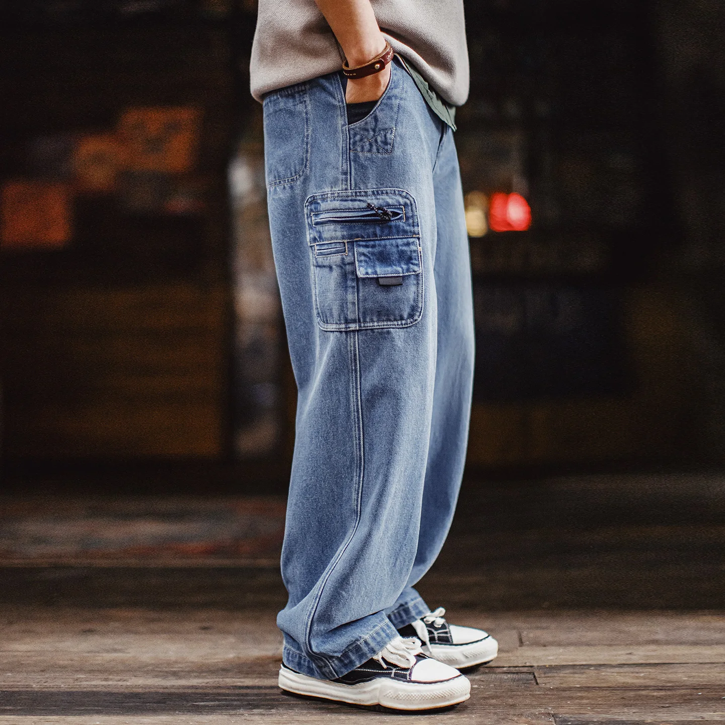 

Maden 10.5oz Washed Denim Jeans Men's Vintage Loose Fit Cargo Pocket Workwear Pants Casual Blue Trousers for Spring and Autumn