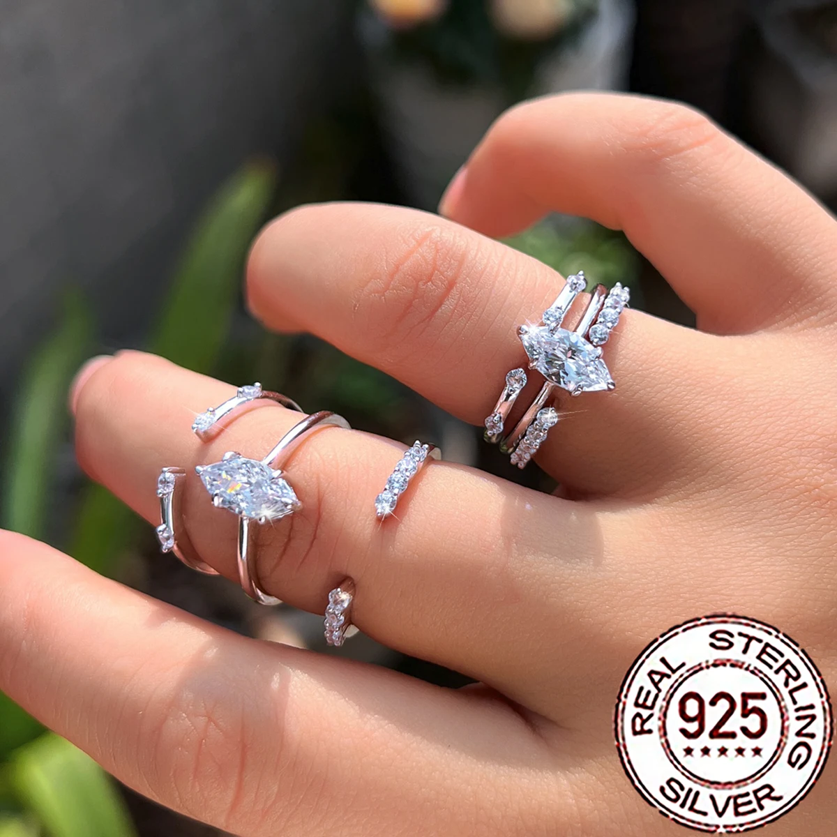 

QooLady S925 Sterling Silver Fashion Marquise Cut CZ Adjustable Open Rings for Women Fine Evening Party Stackable Jewelry SR086