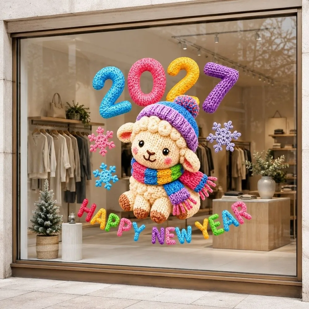 Colorful Happy New Year Window Stickers 2D Flat Print Large Size 2027 Sheep Year Stickers Waterproof Transparent