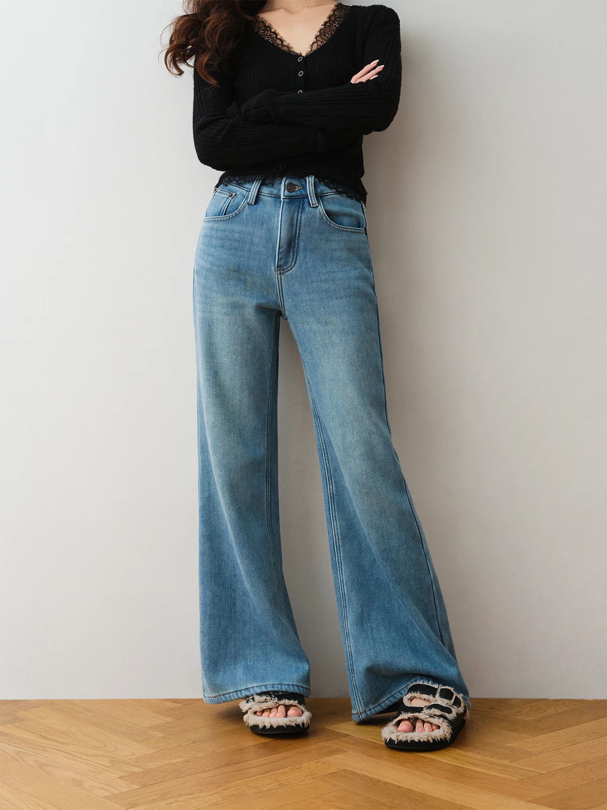 

Ретро джинсы с высокой талией, утепленные, прямые, широкие, удлиняющие ноги, для женщин, зимний сезон, модные, женские