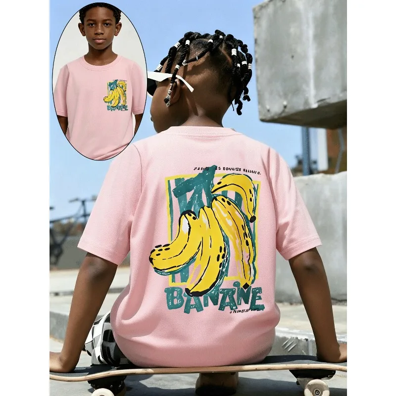 Cartoon Banana Art Print Pattern Children's T-shirt  Round Neck Top Summer Breathable Cotton Parent-child Short Sleeved Shirt