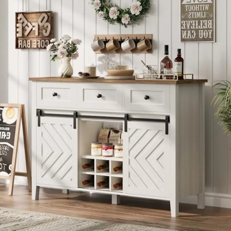 Farmhouse Buffet Cabinet with Sliding Barn Door, 33.4'' Tall Wood Rustic Sideboard with 3 Drawer, Adjustable Shelf and Removabl
