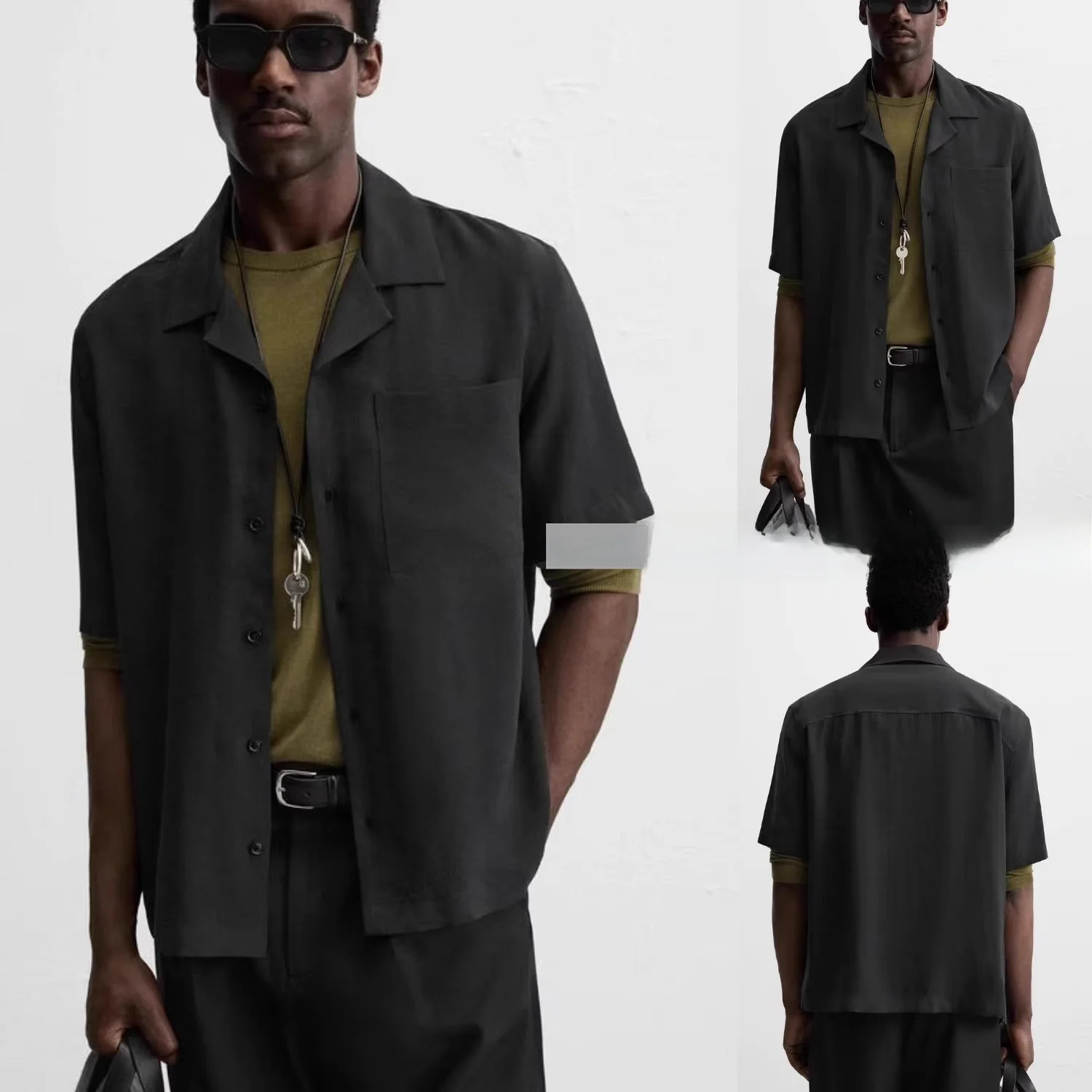 

New Summer 2025 Men's Loose Fit Casual irt ort Sve ket Decorated Drapey Sle Faion Urban Youth Daily Wear