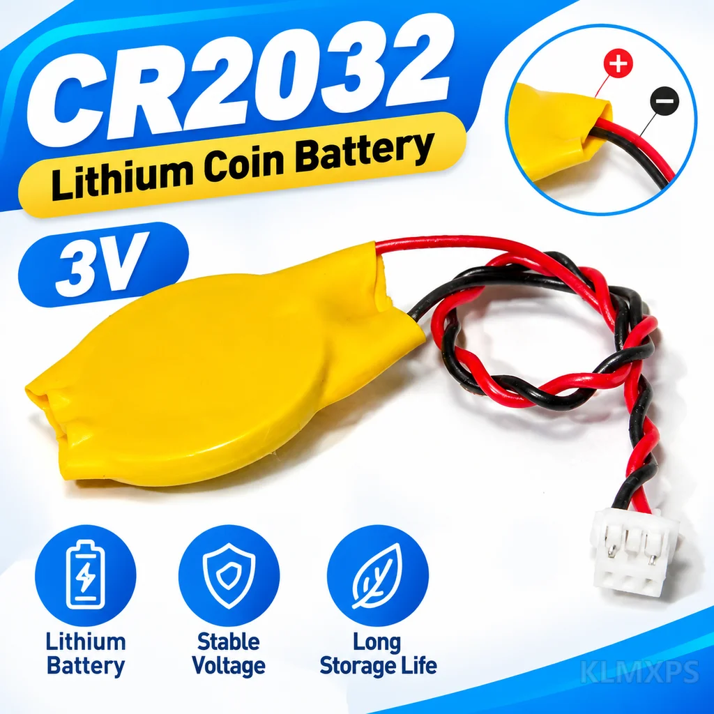 Coin Cell Battery CR2032 3V CMOS BIOS Battery with Wire, 1.25 Plug and 3-Hole Connector for Notebook Motherboard, 5 Piece Pack