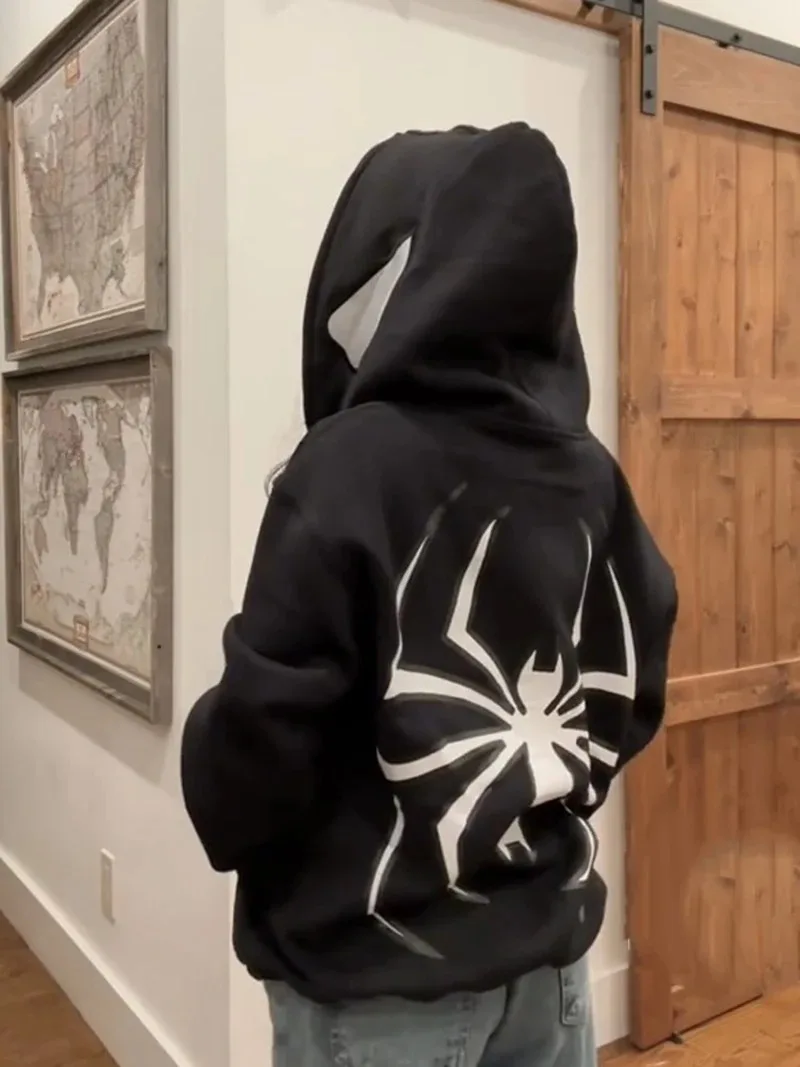 Sudadera con capucha con estampado de araña Y2k para hombre y mujer, chaqueta de manga larga con cremallera de Hip Hop, abrigos Harajuku, Sudadera