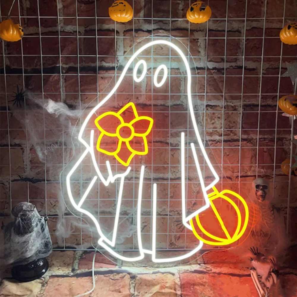 

Ghost Flower Neon Sign Led Lights Halloween Party Room Decoration Home Bar Bedroom Wall Decor Signs Dimmable USB Powered Lamp