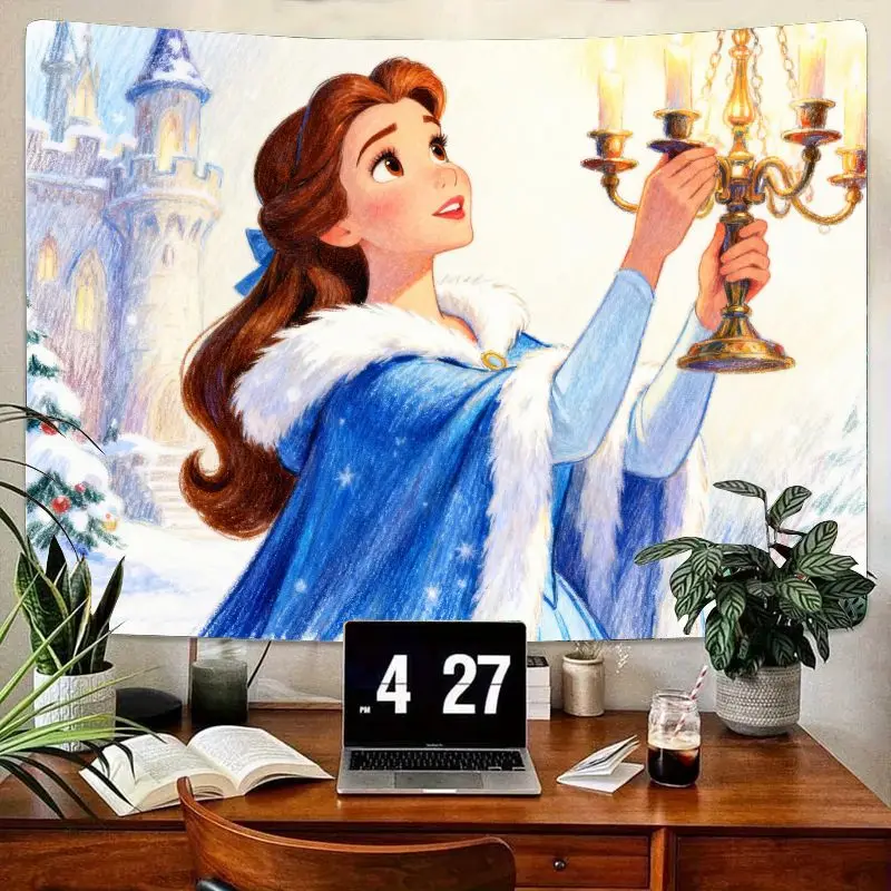 

1PC Disney Belle Winter Tapestry, Beauty & the Beast Enchanted Christmas Wall Art, Princess Room Decor Gift for Fans