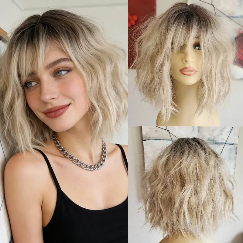 Ombre Blonde Lace Front Wig With Bangs Natural Looking Heat Resistant Fiber Synthetic Wigs for Women hatsune miku cospla Party