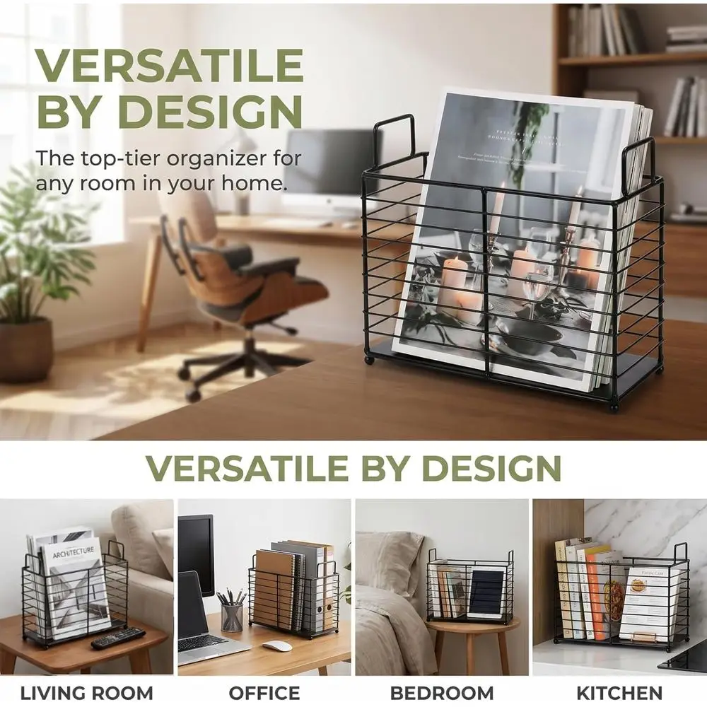 Metal Magazine Rack, Newspaper Book Tablet Storage Basket, Holder Mail Organizer Bin with Handles, Iron Wire Black Stand Holder view 4